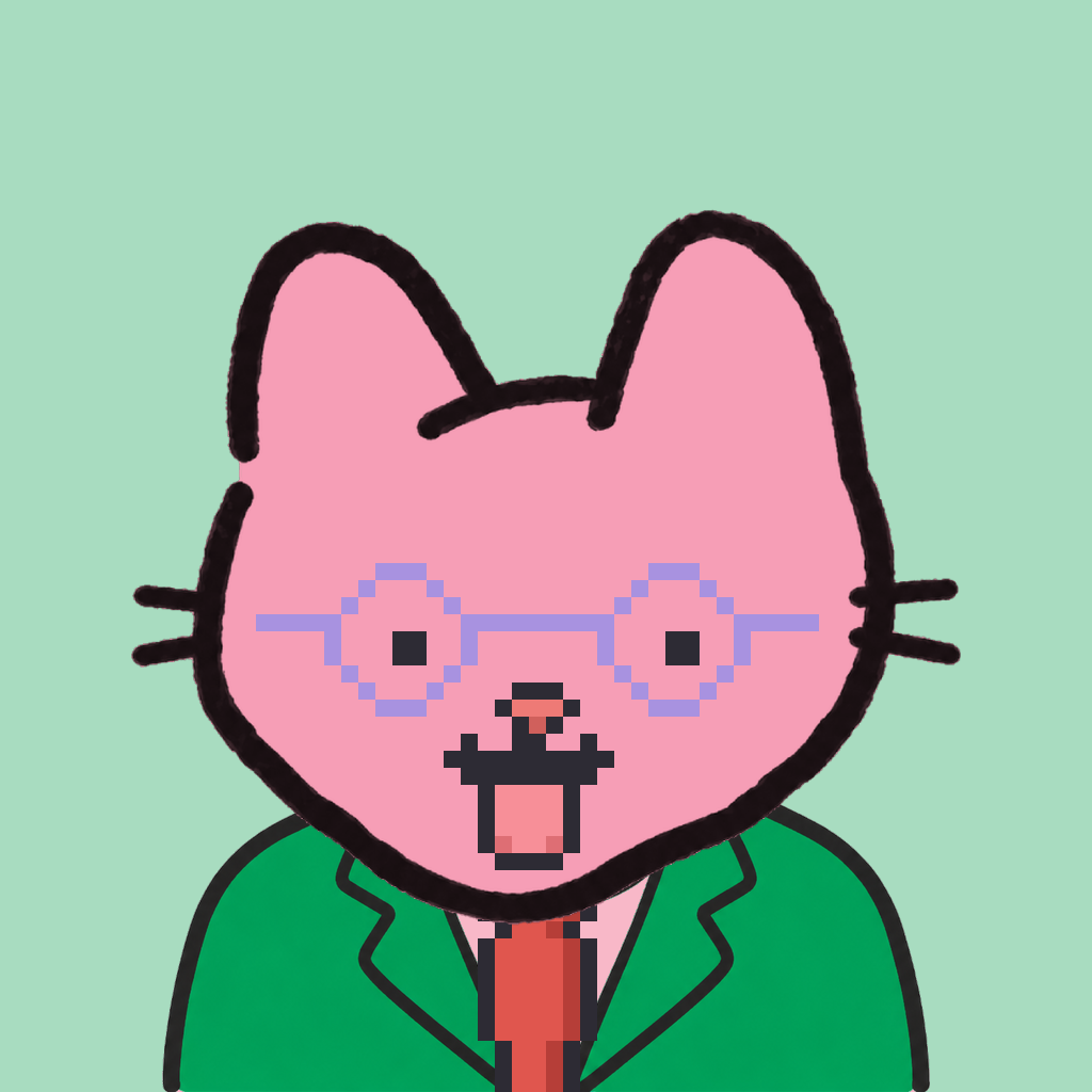 Employee #0955 — a pink cat, in a green suit, with a red tie, wearing round-lavender glasses, on mint