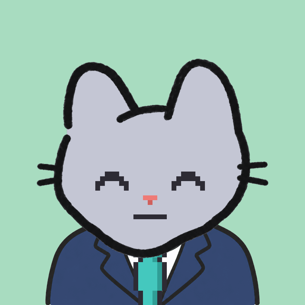 Employee #0956 — a gray cat, in a navy suit, with a teal tie, on mint