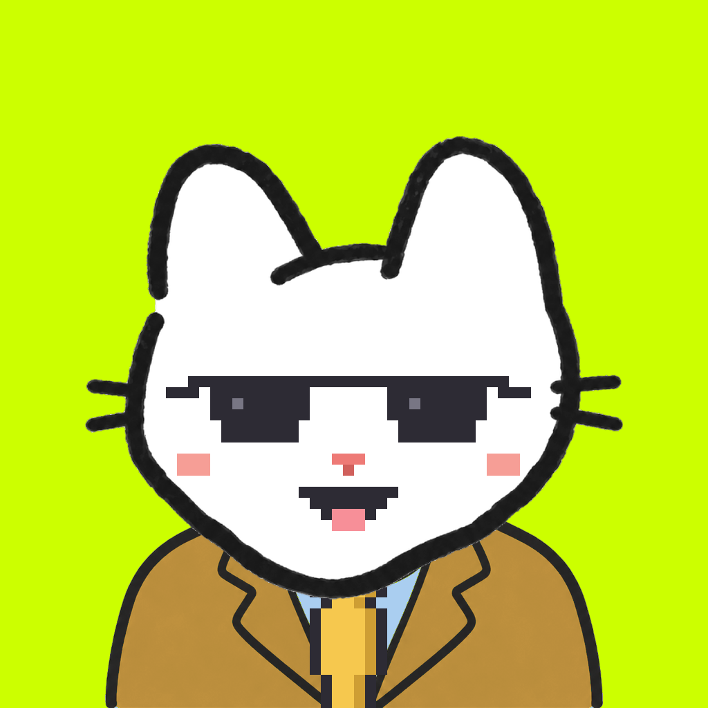 Employee #0957 — a white cat, in a mustard suit, with a gold tie, wearing shades glasses, on volt