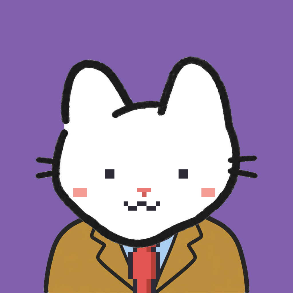 Employee #0958 — a white cat, in a mustard suit, with a red tie, on plasma violet