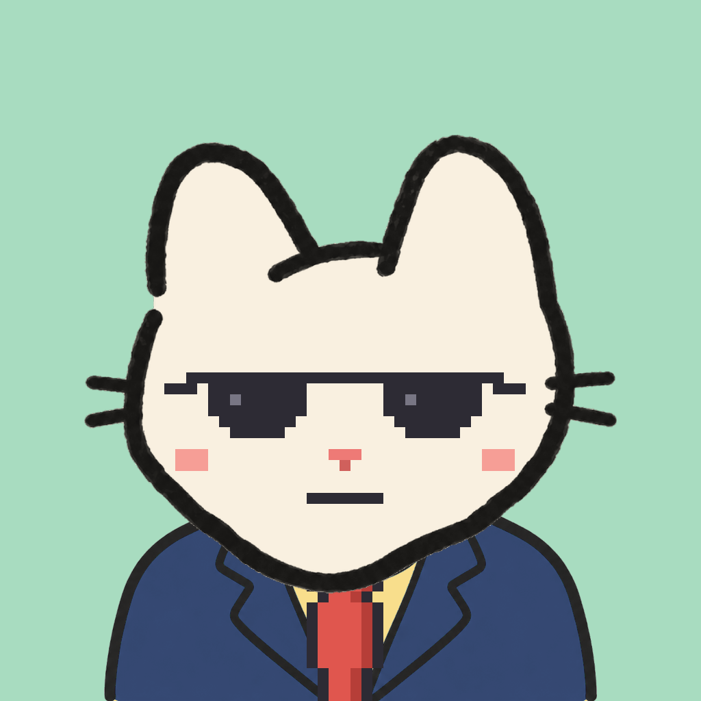 Employee #0959 — a cream cat, in a navy suit, with a red tie, wearing shades glasses, on mint