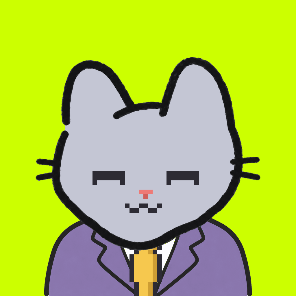 Employee #0096 — a gray cat, in a lavender suit, with a gold tie, on volt