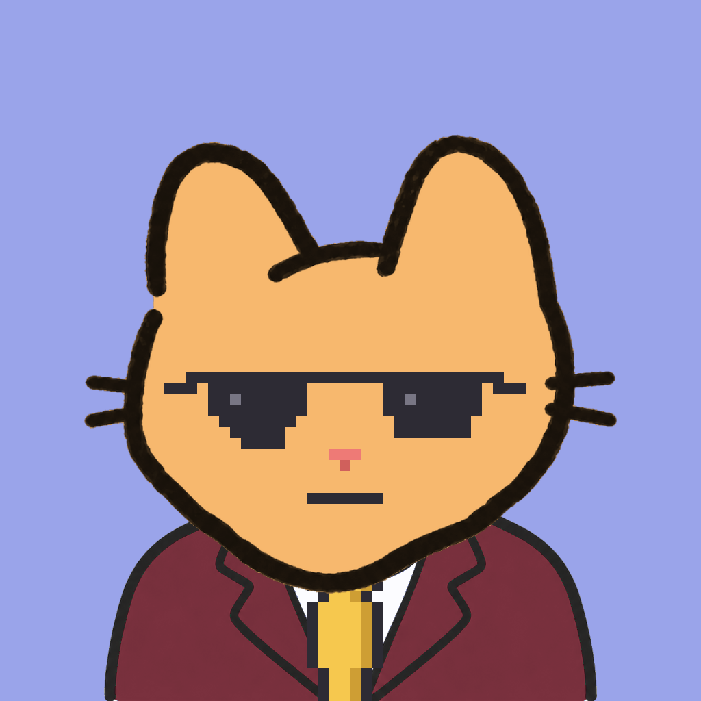 Employee #0960 — a tabby cat, in a burgundy suit, with a gold tie, wearing shades glasses, on periwinkle