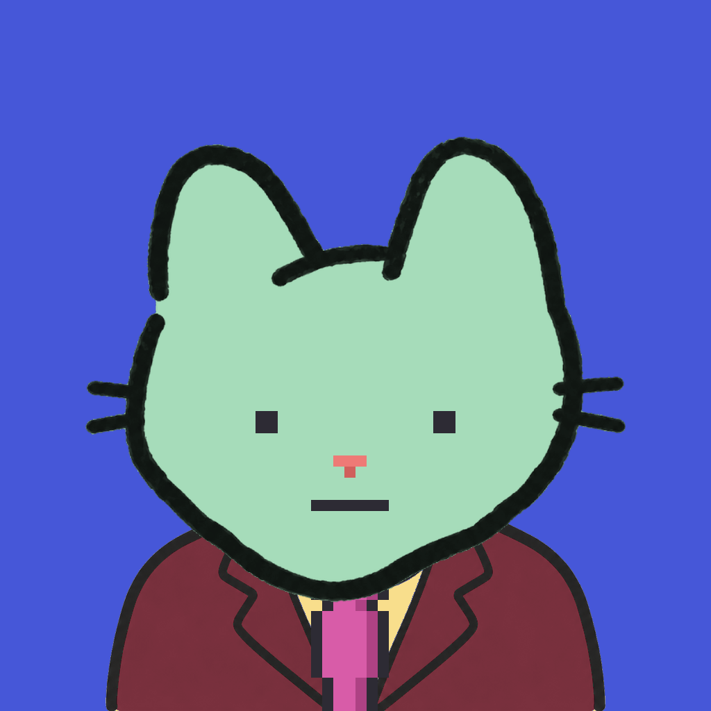 Employee #0961 — a mint cat, in a burgundy suit, with a magenta tie, on royal