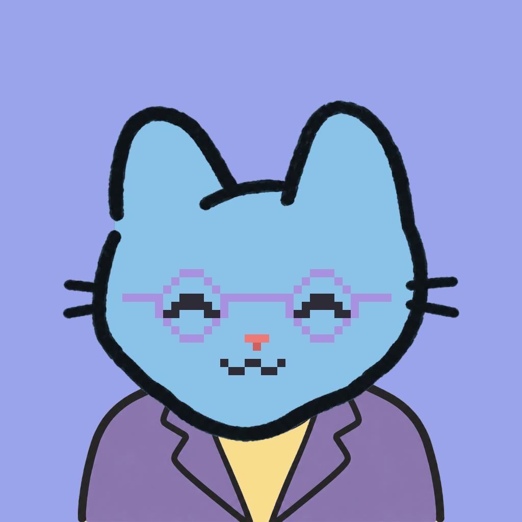 Employee #0962 — a sky cat, in a lavender suit, wearing round-lavender glasses, on periwinkle