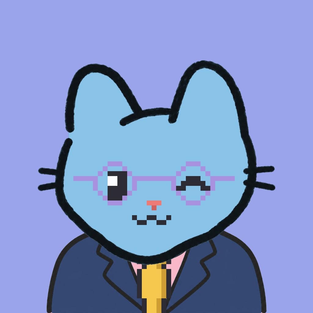 Employee #0963 — a sky cat, in a navy suit, with a gold tie, wearing round-lavender glasses, on periwinkle
