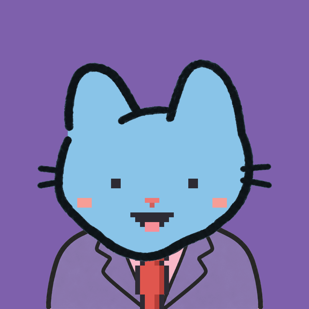 Employee #0964 — a sky cat, in a lavender suit, with a red tie, on plasma violet