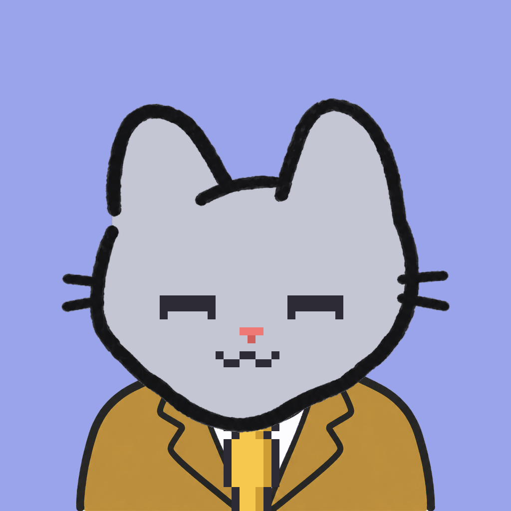Employee #0965 — a gray cat, in a mustard suit, with a gold tie, on periwinkle