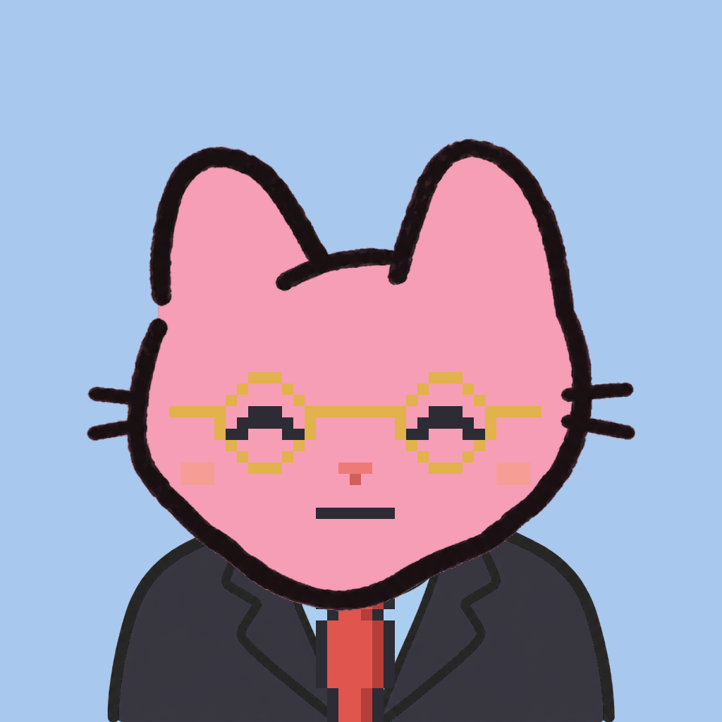 Employee #0966 — a pink cat, in a black suit, with a red tie, wearing round-gold glasses, on sky