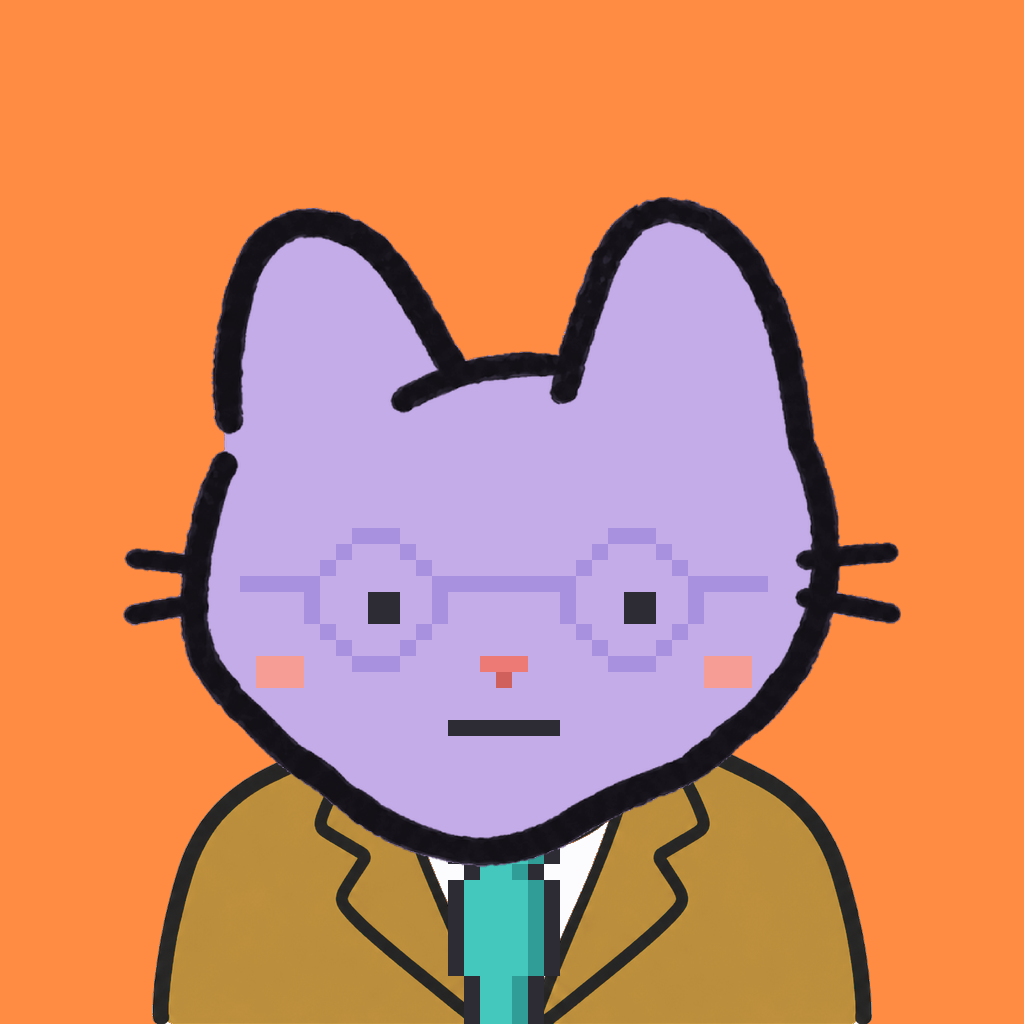 Employee #0967 — a lavender cat, in a mustard suit, with a teal tie, wearing round-lavender glasses, on tangerine
