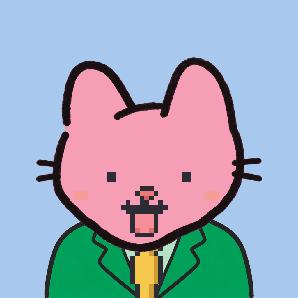 Employee #0968 — a pink cat, in a green suit, with a gold tie, on sky