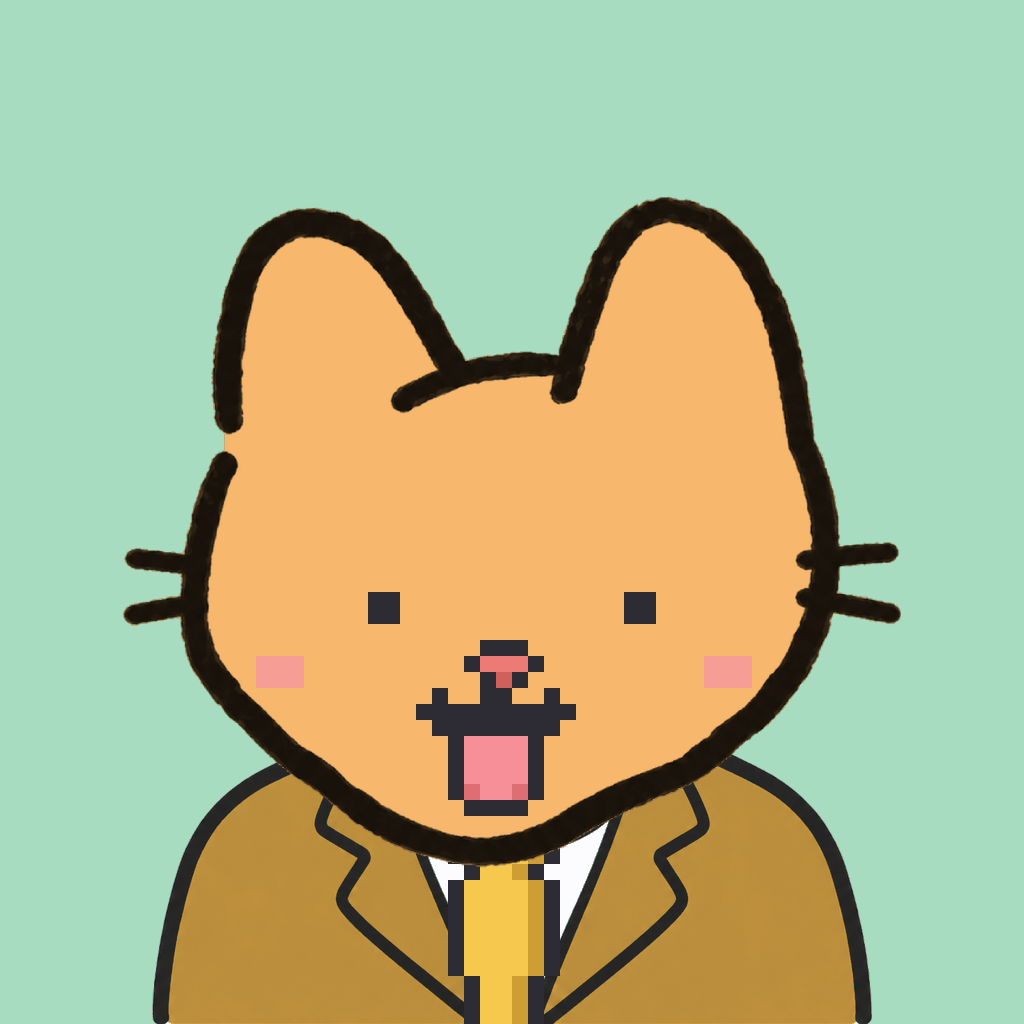 Employee #0969 — a tabby cat, in a mustard suit, with a gold tie, on mint