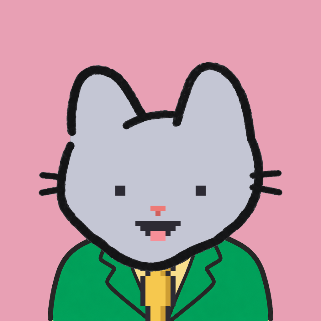 Employee #0097 — a gray cat, in a green suit, with a gold tie, on rose