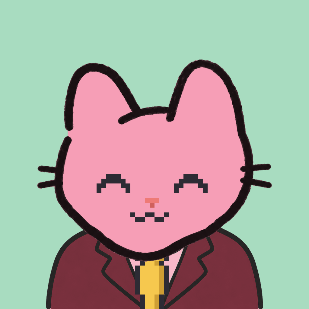 Employee #0970 — a pink cat, in a burgundy suit, with a gold tie, on mint