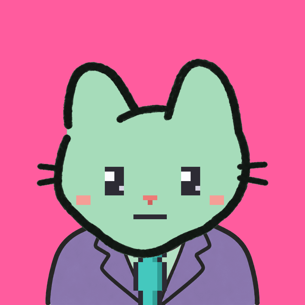 Employee #0971 — a mint cat, in a lavender suit, with a teal tie, on hot pink