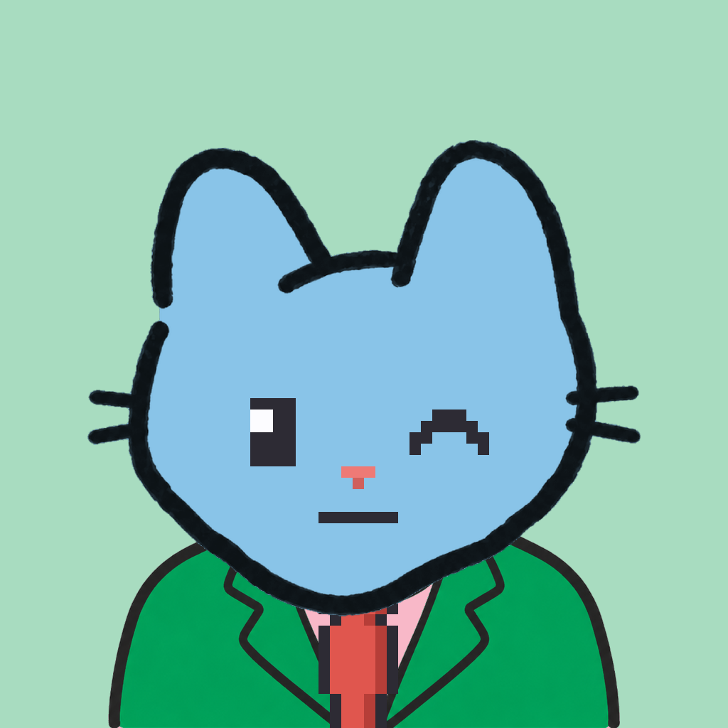 Employee #0972 — a sky cat, in a green suit, with a red tie, on mint