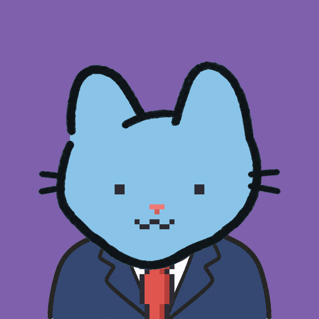 Employee #0973 — a sky cat, in a navy suit, with a red tie, on plasma violet