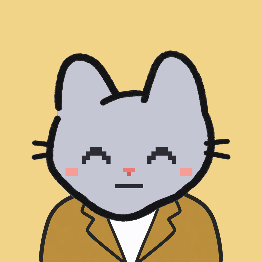Employee #0974 — a gray cat, in a mustard suit, on butter