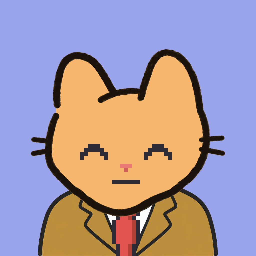 Employee #0975 — a tabby cat, in a mustard suit, with a red tie, on periwinkle