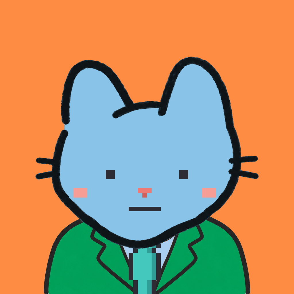 Employee #0977 — a sky cat, in a green suit, with a teal tie, on tangerine