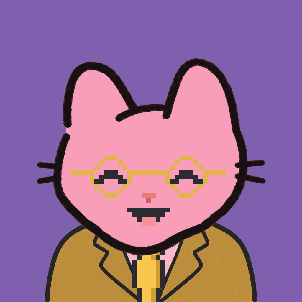 Employee #0978 — a pink cat, in a mustard suit, with a gold tie, wearing round-gold glasses, on plasma violet