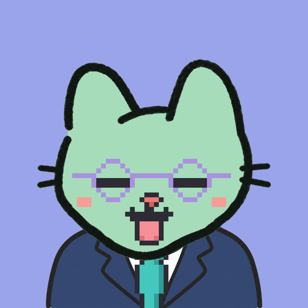 Employee #0979 — a mint cat, in a navy suit, with a teal tie, wearing round-lavender glasses, on periwinkle