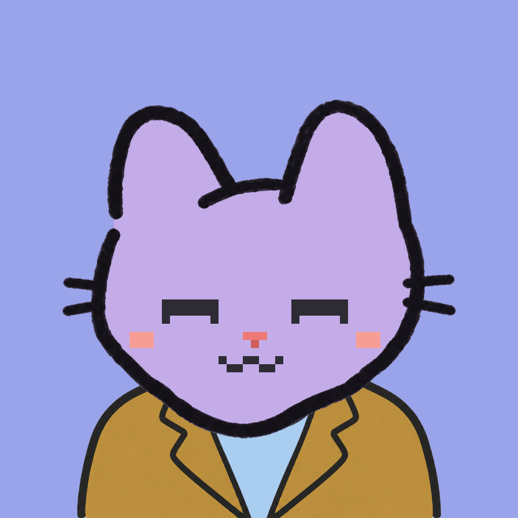 Employee #0098 — a lavender cat, in a mustard suit, on periwinkle