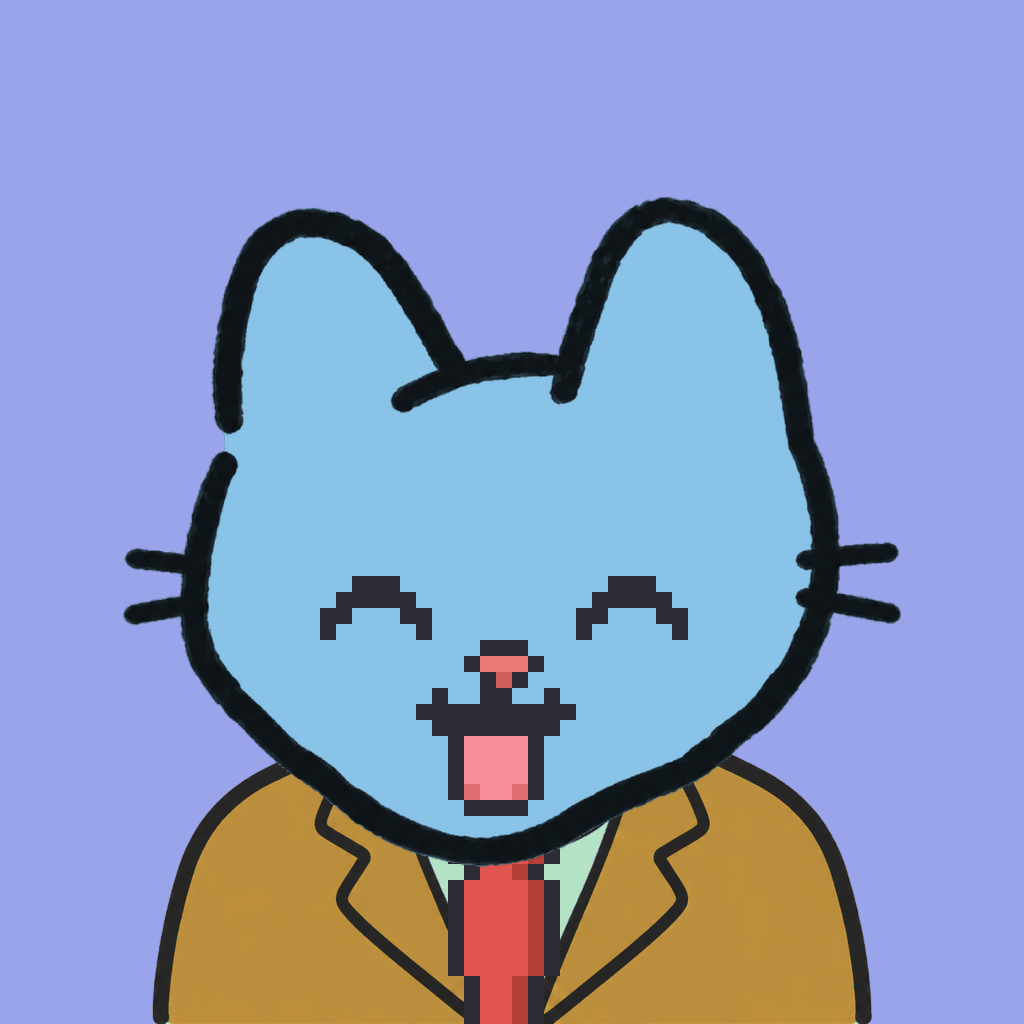 Employee #0980 — a sky cat, in a mustard suit, with a red tie, on periwinkle