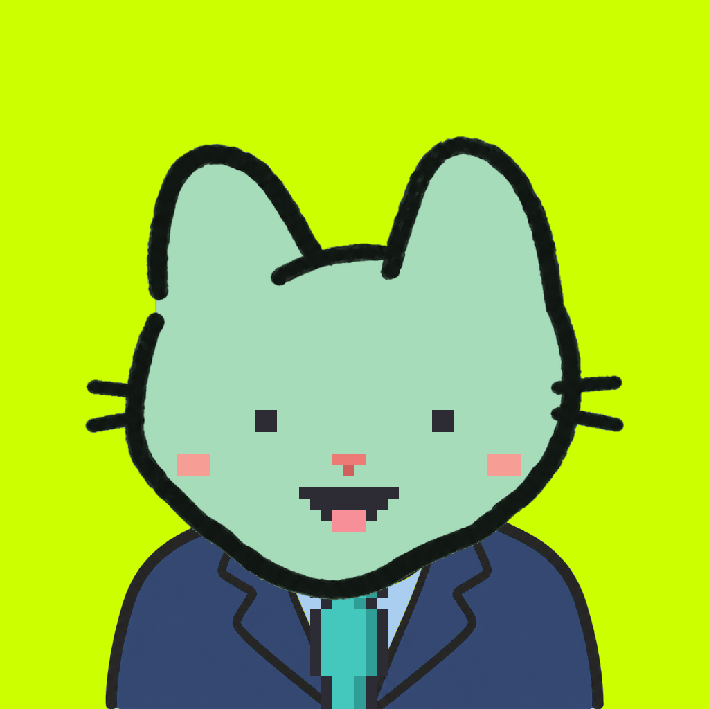 Employee #0981 — a mint cat, in a navy suit, with a teal tie, on volt