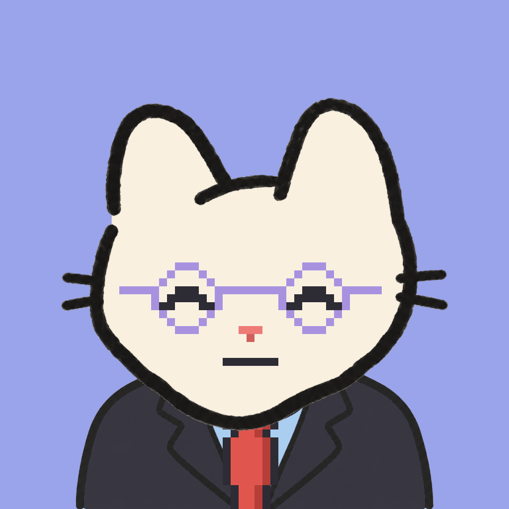 Employee #0982 — a cream cat, in a black suit, with a red tie, wearing round-lavender glasses, on periwinkle