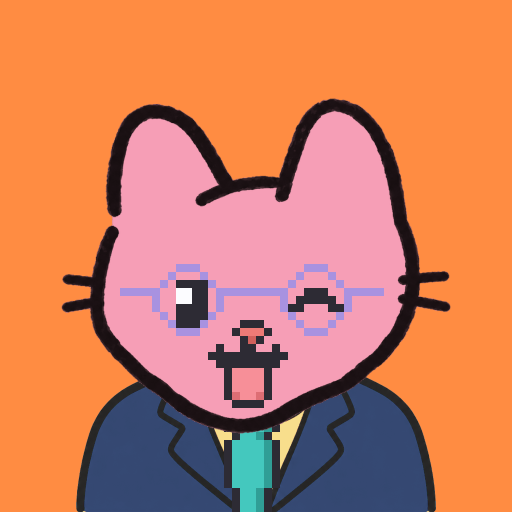 Employee #0983 — a pink cat, in a navy suit, with a teal tie, wearing round-lavender glasses, on tangerine