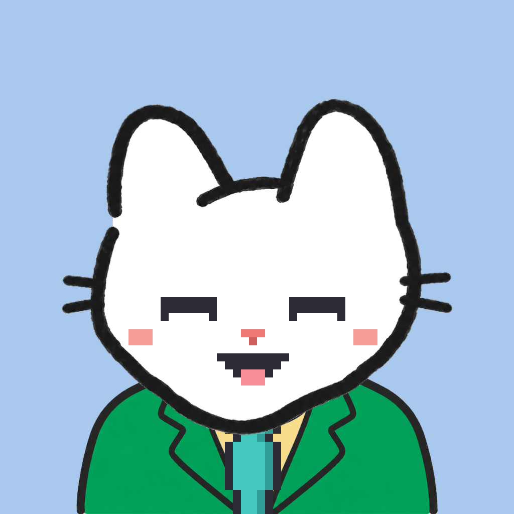 Employee #0984 — a white cat, in a green suit, with a teal tie, on sky