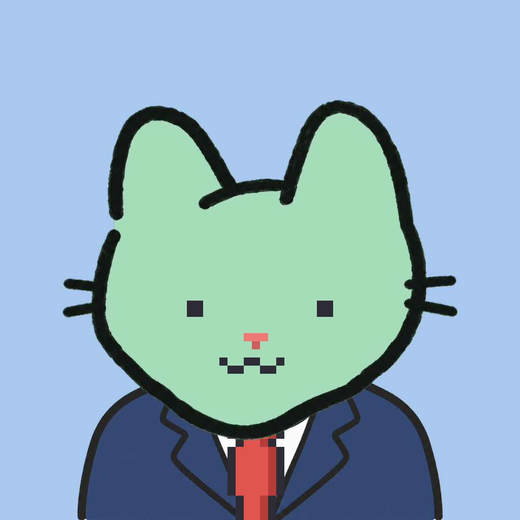 Employee #0985 — a mint cat, in a navy suit, with a red tie, on sky