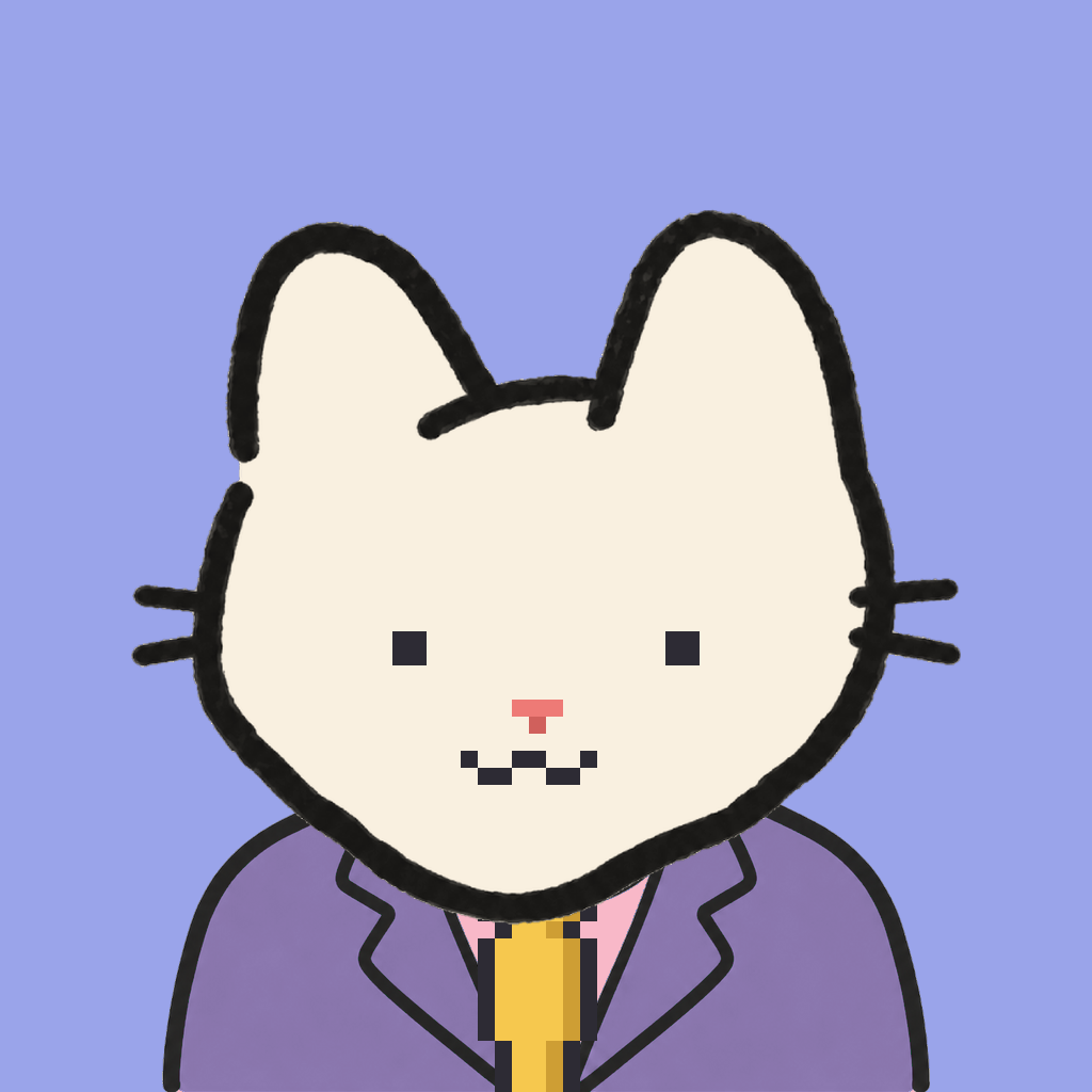 Employee #0986 — a cream cat, in a lavender suit, with a gold tie, on periwinkle