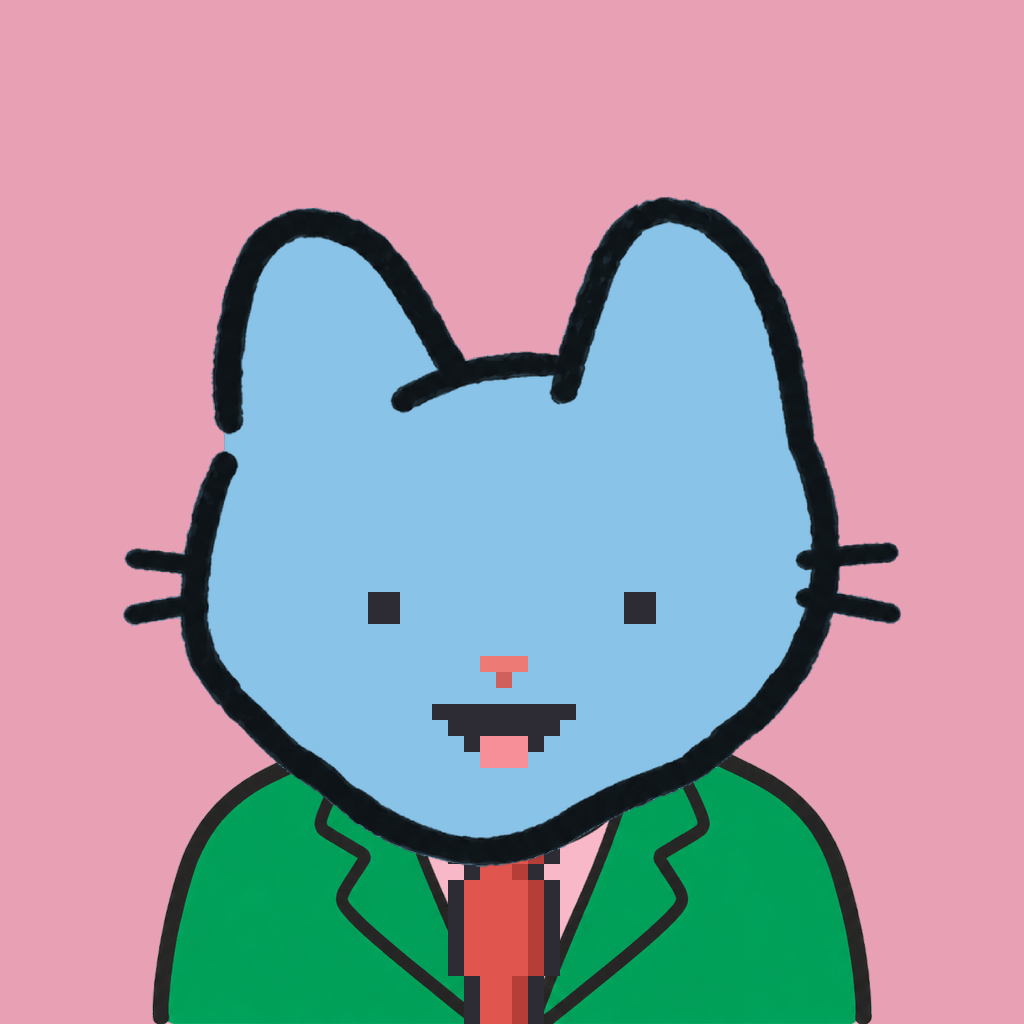Employee #0987 — a sky cat, in a green suit, with a red tie, on rose