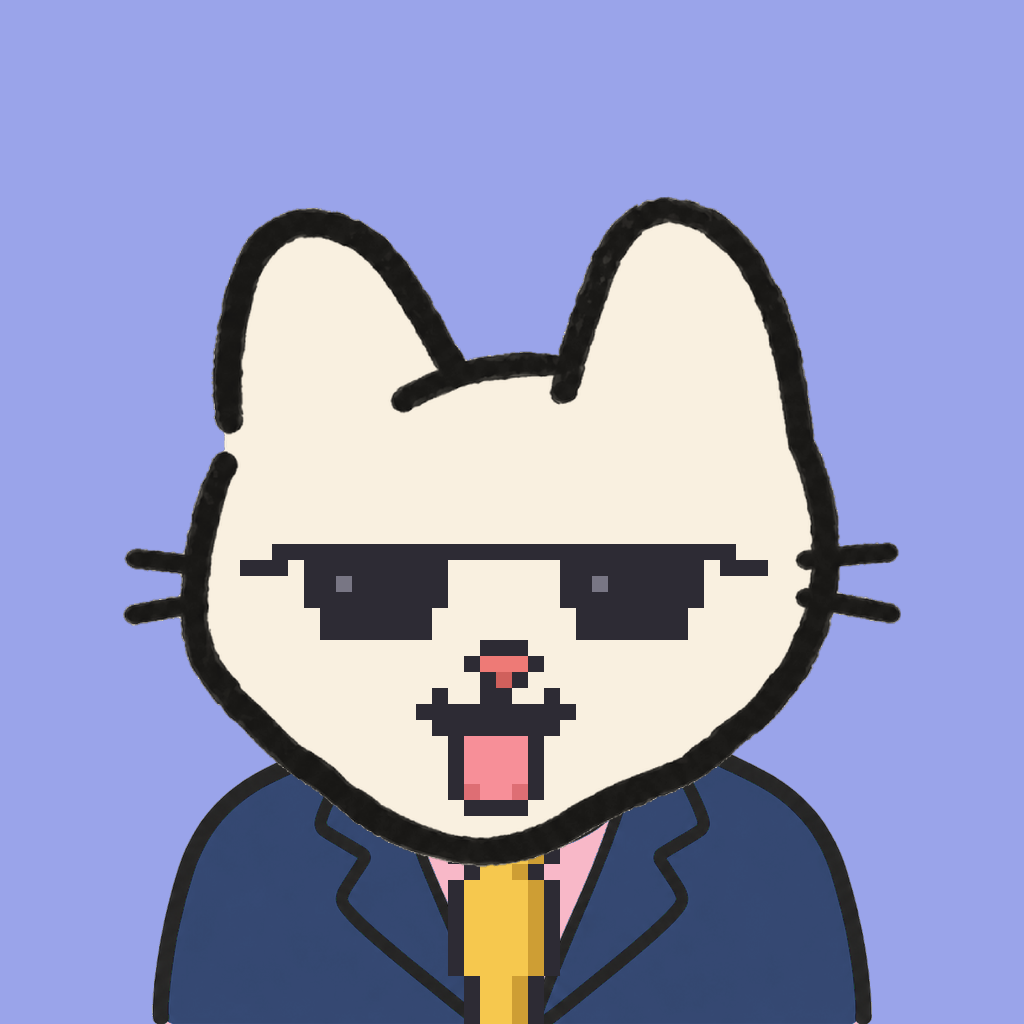 Employee #0988 — a cream cat, in a navy suit, with a gold tie, wearing shades glasses, on periwinkle