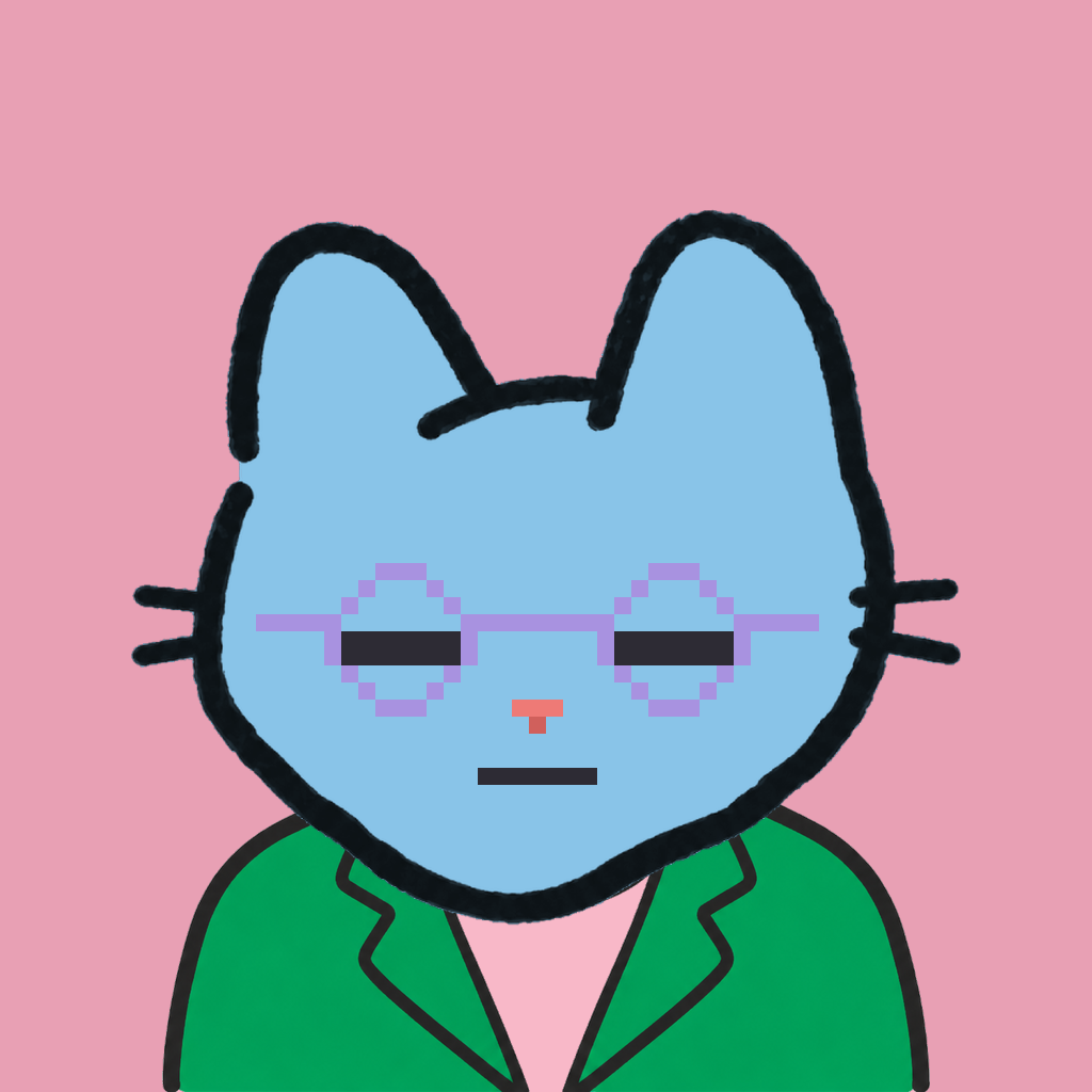 Employee #0989 — a sky cat, in a green suit, wearing round-lavender glasses, on rose