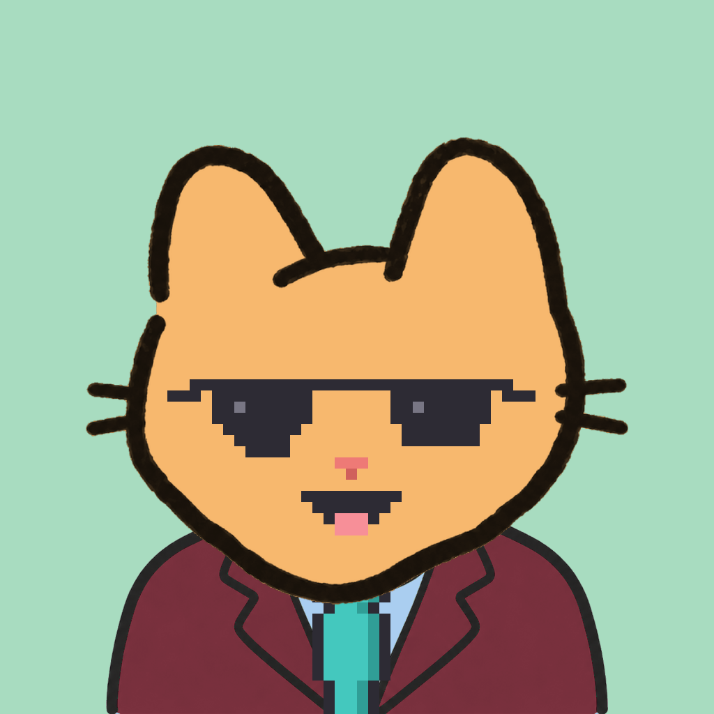 Employee #0099 — a tabby cat, in a burgundy suit, with a teal tie, wearing shades glasses, on mint