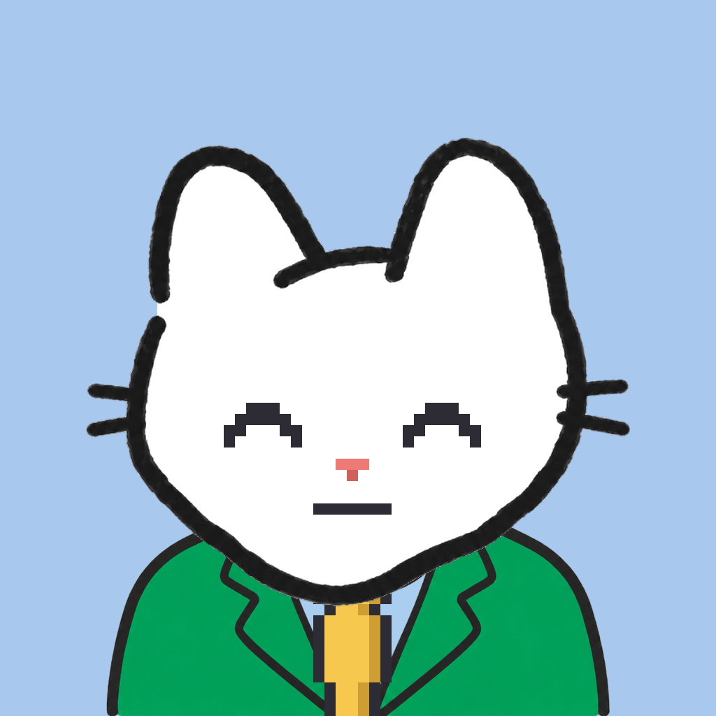 Employee #0990 — a white cat, in a green suit, with a gold tie, on sky