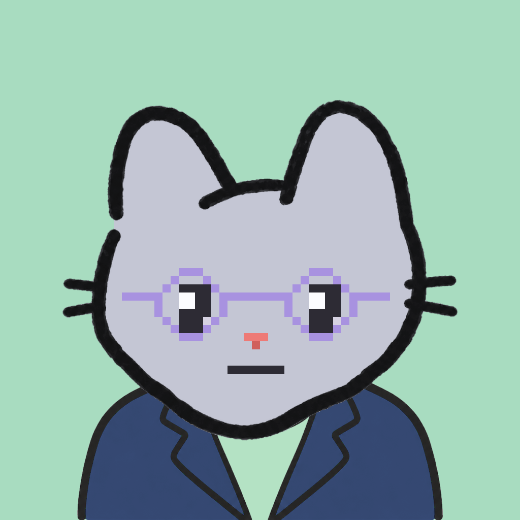 Employee #0991 — a gray cat, in a navy suit, wearing round-lavender glasses, on mint