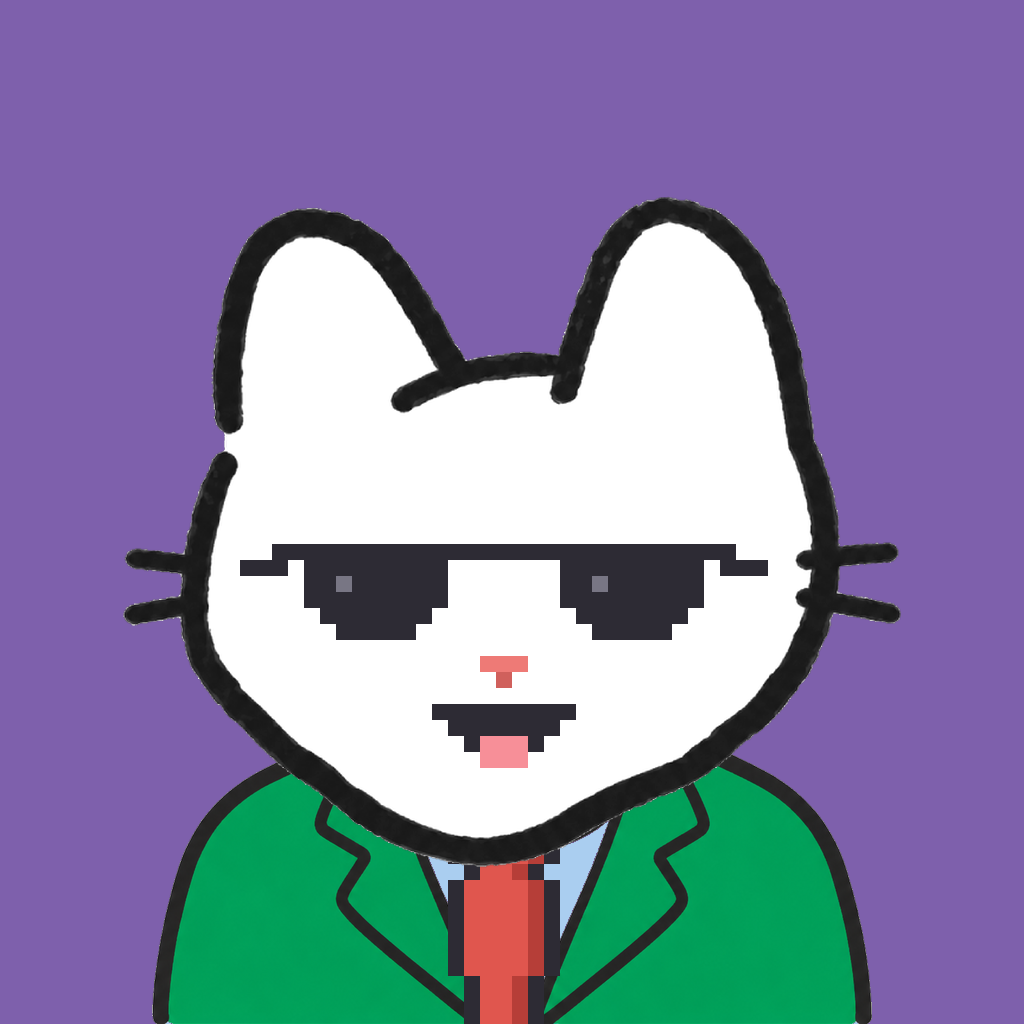 Employee #0992 — a white cat, in a green suit, with a red tie, wearing shades glasses, on plasma violet