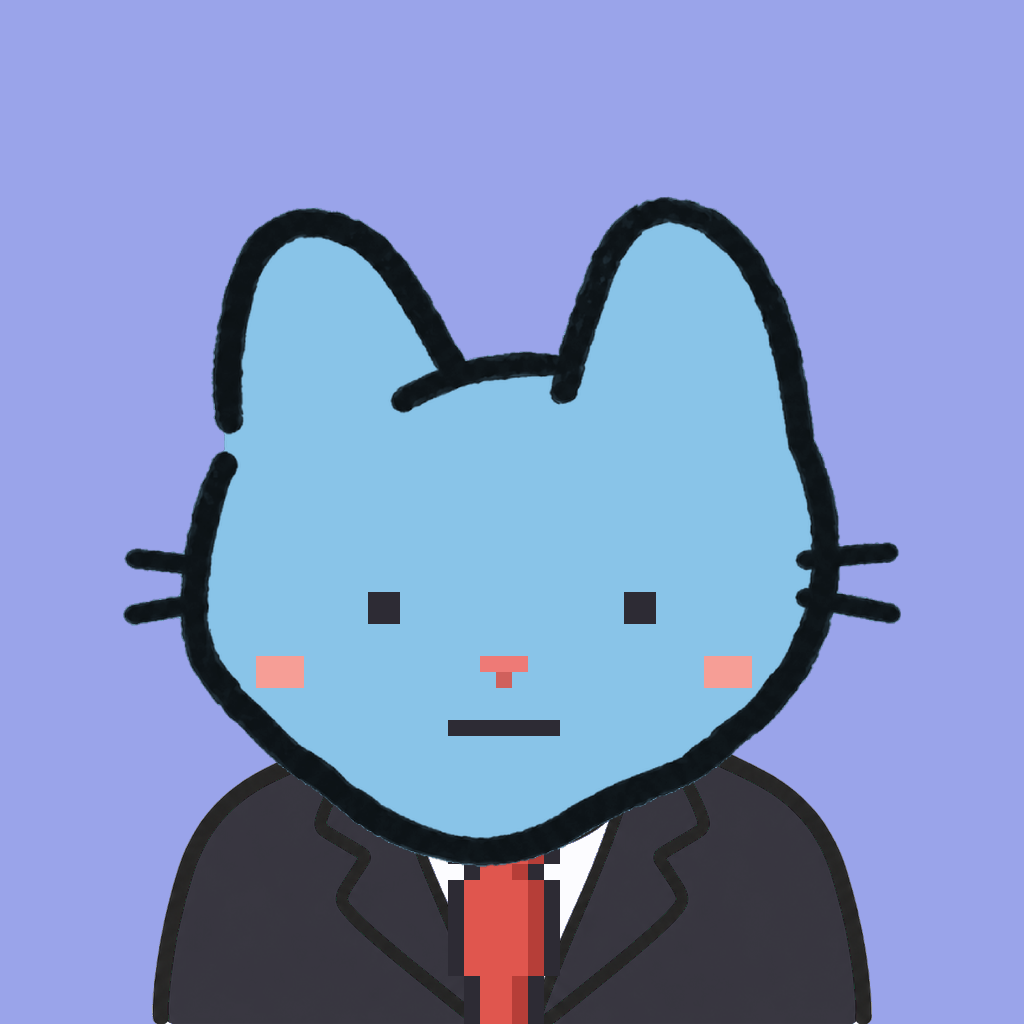 Employee #0993 — a sky cat, in a black suit, with a red tie, on periwinkle