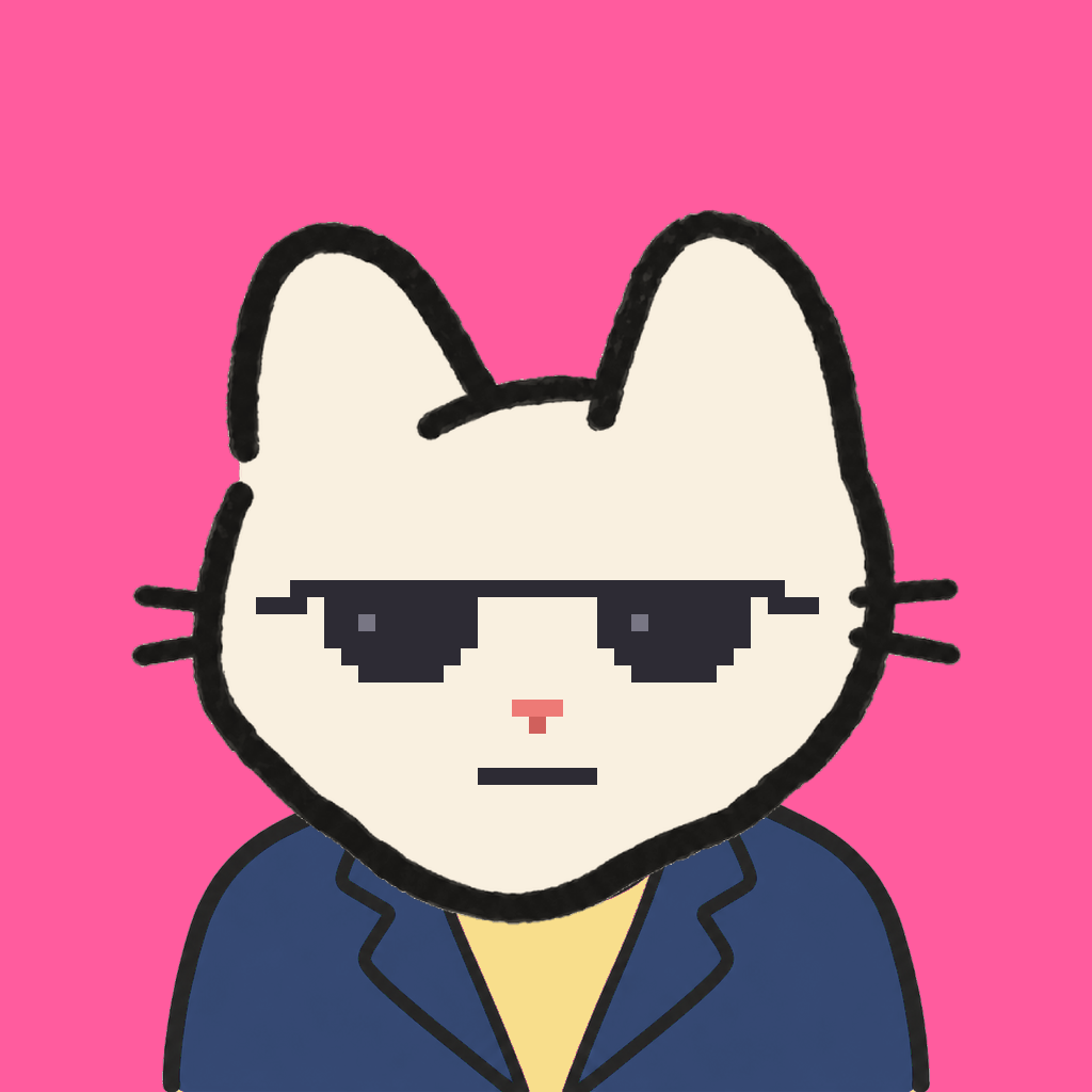 Employee #0994 — a cream cat, in a navy suit, wearing shades glasses, on hot pink