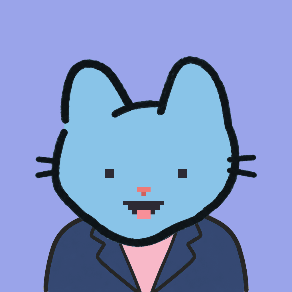 Employee #0995 — a sky cat, in a navy suit, on periwinkle
