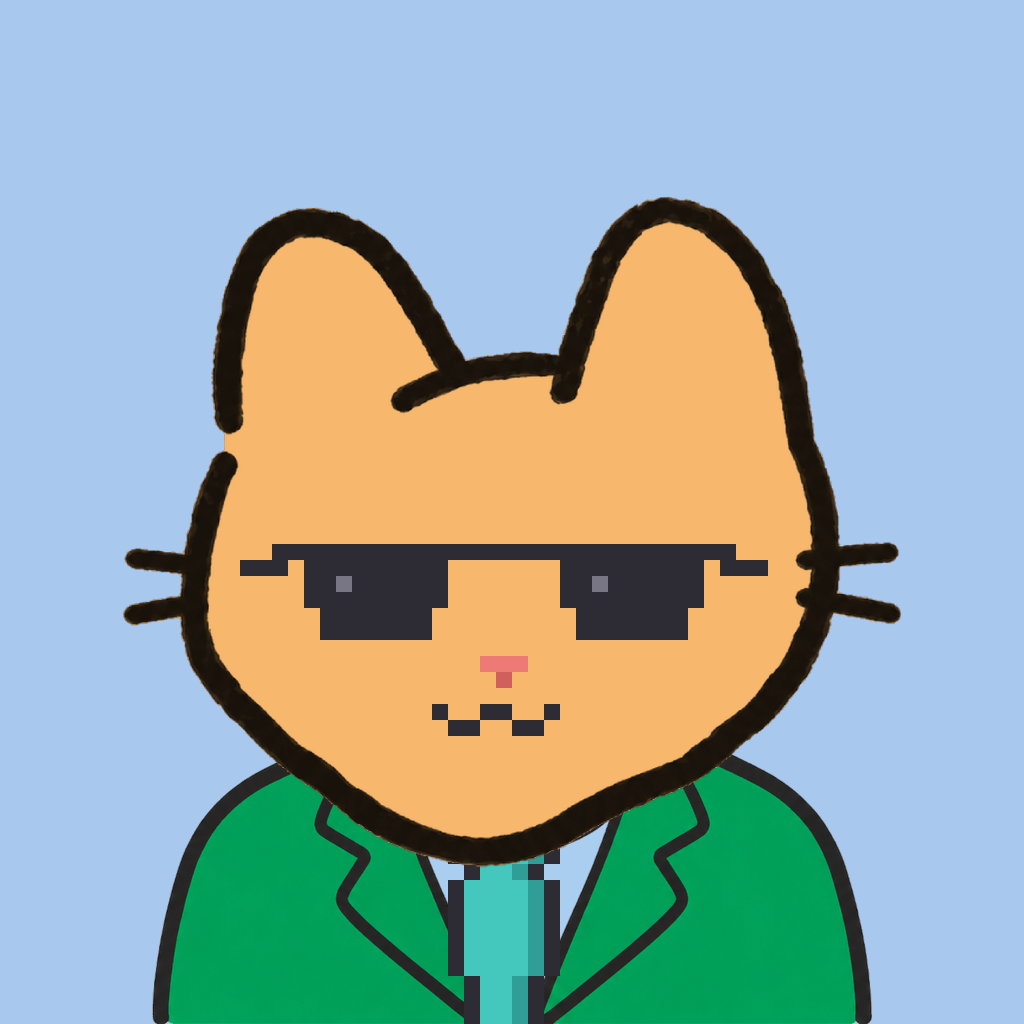 Employee #0996 — a tabby cat, in a green suit, with a teal tie, wearing shades glasses, on sky
