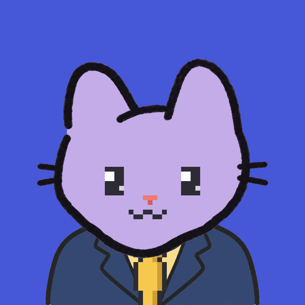 Employee #0997 — a lavender cat, in a navy suit, with a gold tie, on royal