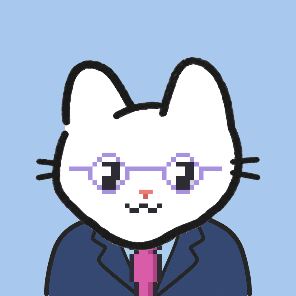 Employee #0998 — a white cat, in a navy suit, with a magenta tie, wearing round-lavender glasses, on sky