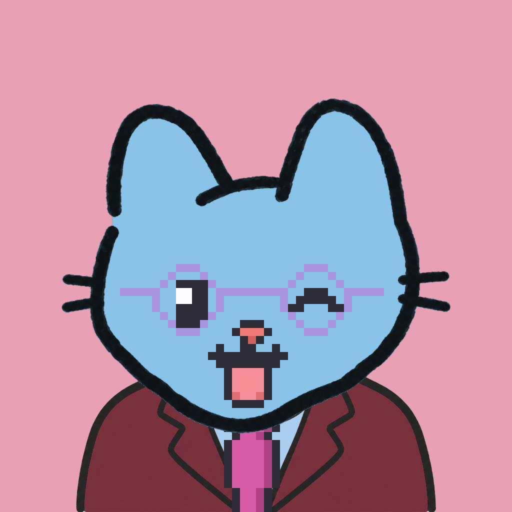 Employee #0999 — a sky cat, in a burgundy suit, with a magenta tie, wearing round-lavender glasses, on rose